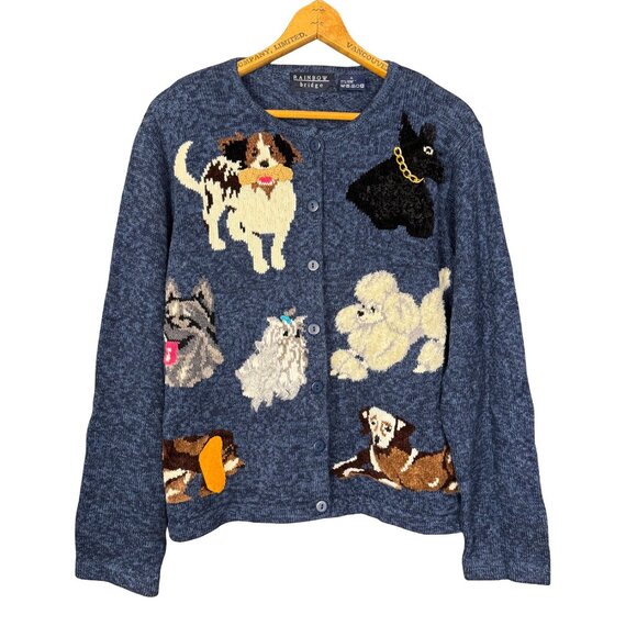 Vintage Dog Sweater, Eclectic 90s Knit Cardigan, Maximalist Cute Dog Cardigan - Picture 1 of 8